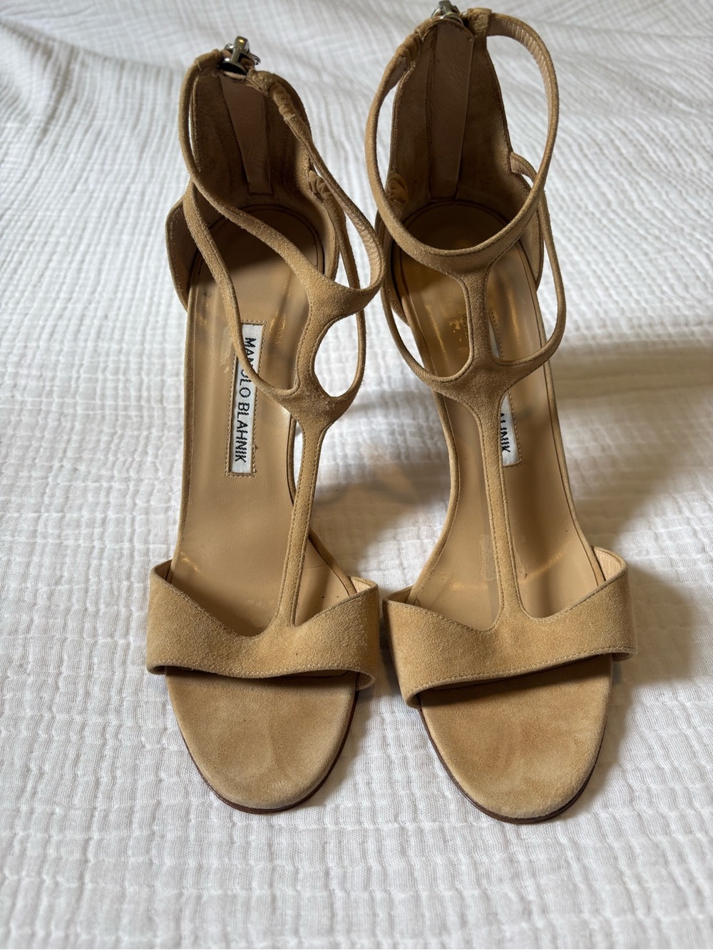 Manolo Blahnik Camel/Tan Suede T-Strap Heeled Sandals